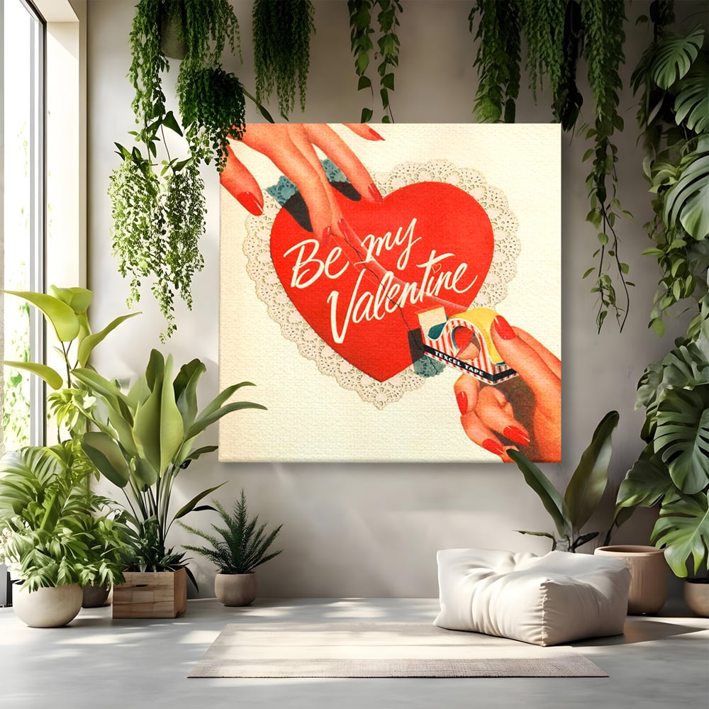 Tablou canvas cu ilustratie retro cu maini si inima, fara rama, pe sasiu de lemn